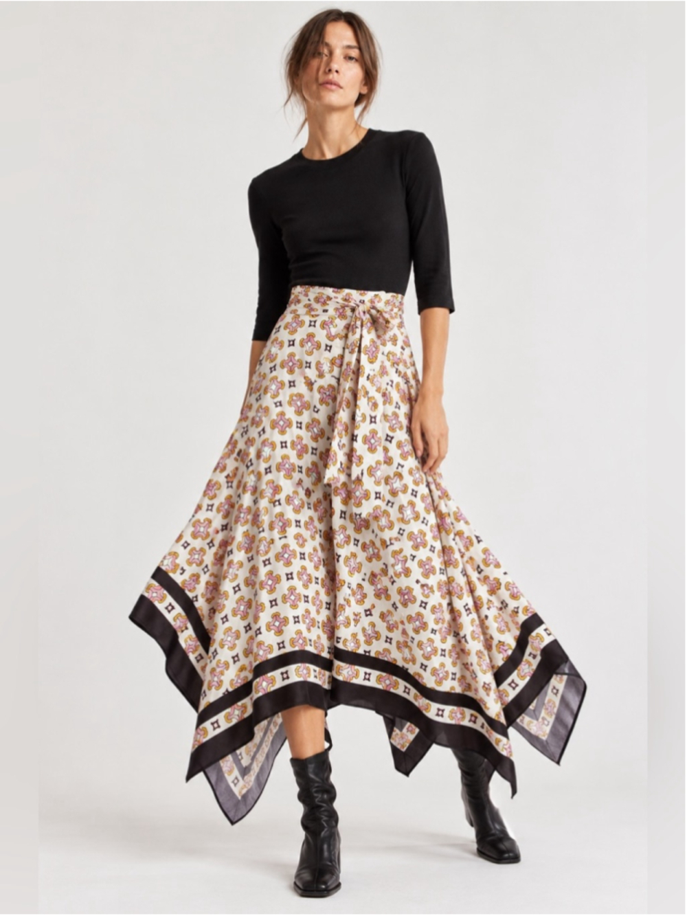 Maje Paris MFPRO02566 Trompe L’Oeil Geometric Asymmetrical Midi Dress Printed